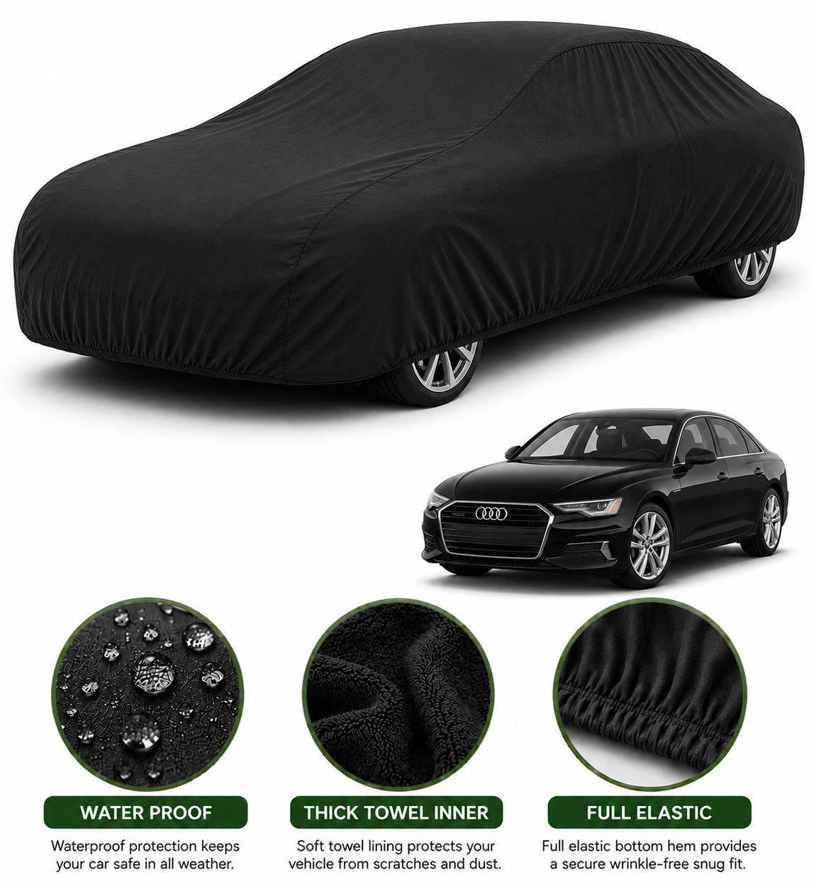 Audi A6 car cover in Black — Veloura waterproof microfiber