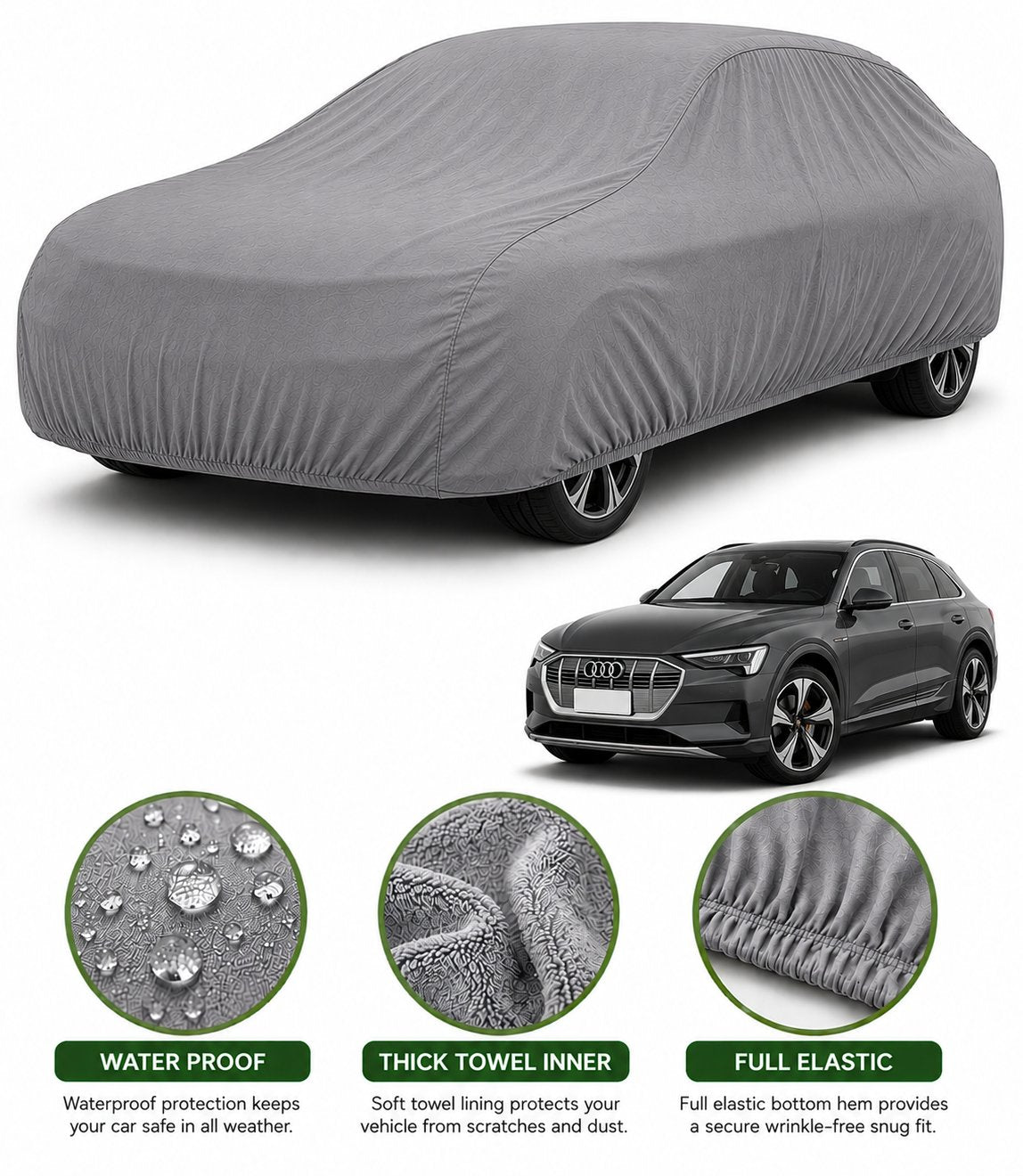 Audi e-Tron car cover in Grey — Veloura waterproof microfiber