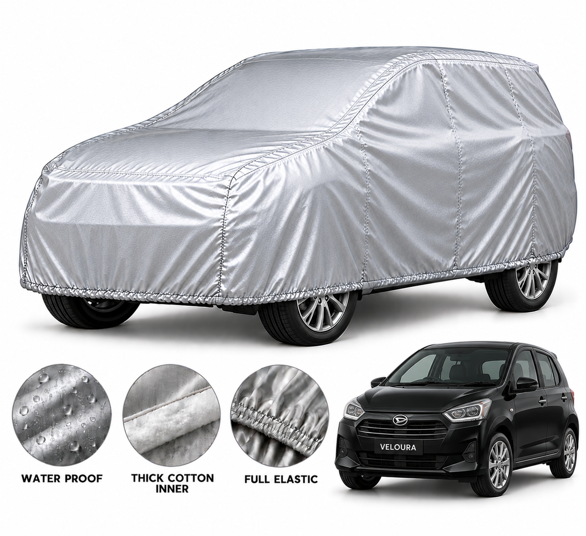 Daihatsu Coure car cover in Silver — Veloura waterproof PVC cotton