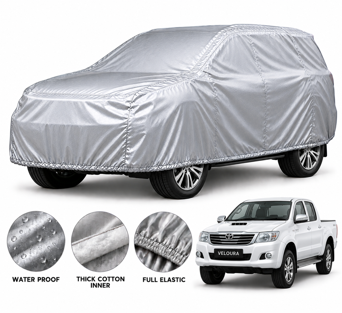 Toyota Vigo Revo car cover in Silver — Veloura waterproof PVC cotton