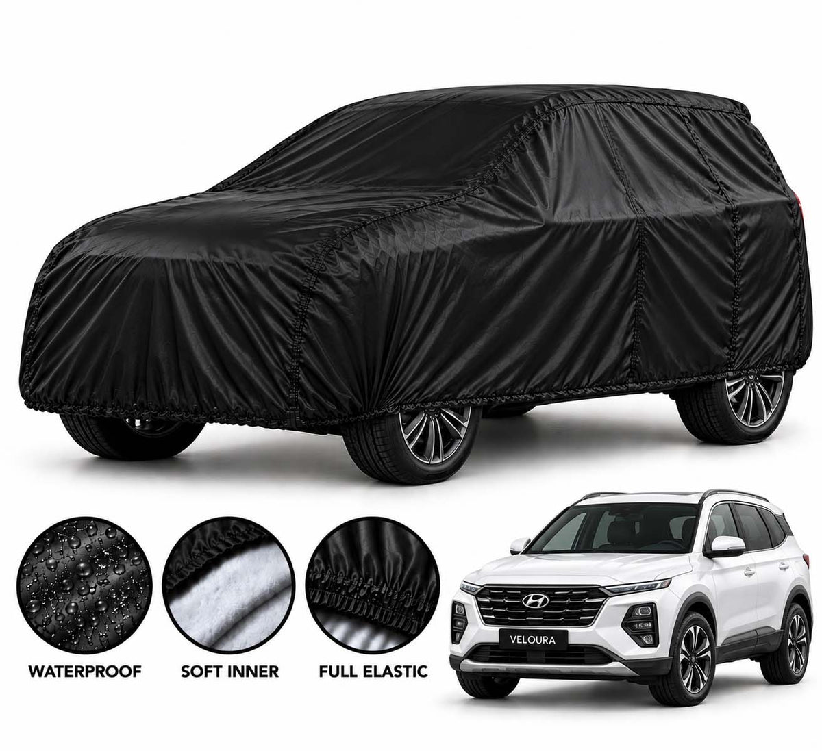 Hyundai Santa Fe car cover in Black — Veloura waterproof parachute