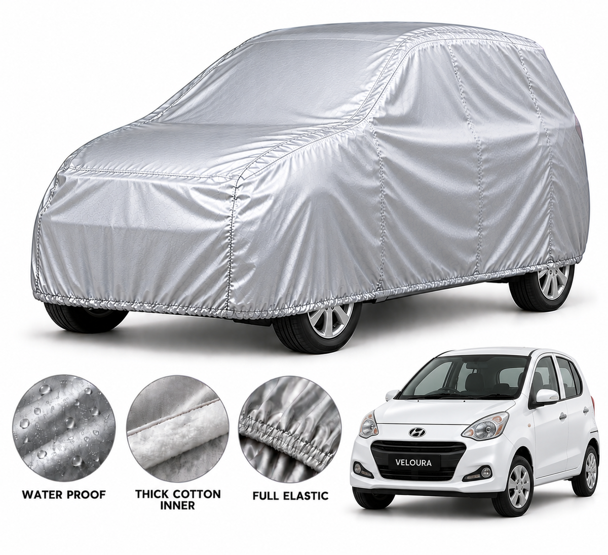 Hyundai Santro car cover in Silver — Veloura waterproof PVC cotton