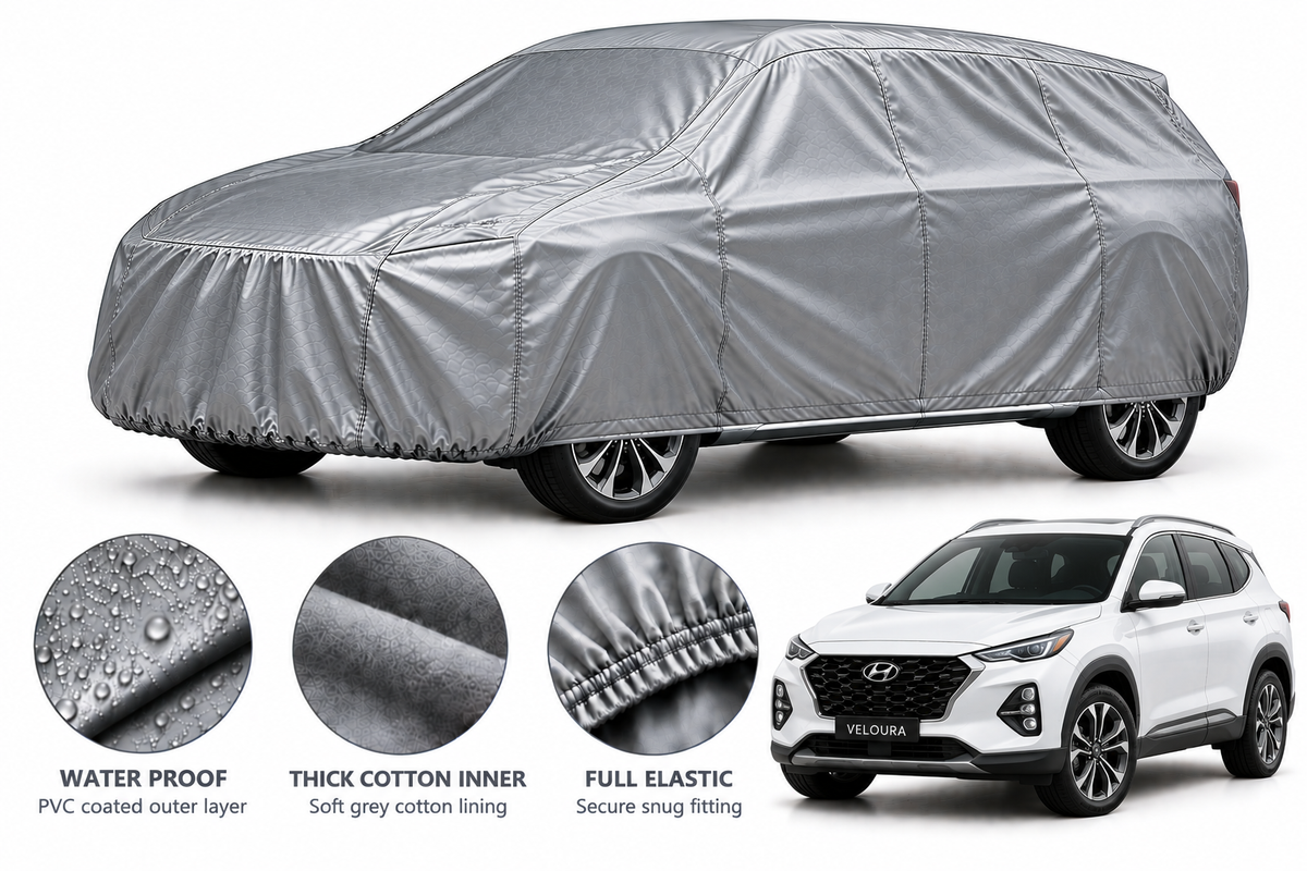 Hyundai Tucson car cover in Silver — Veloura waterproof PVC cotton