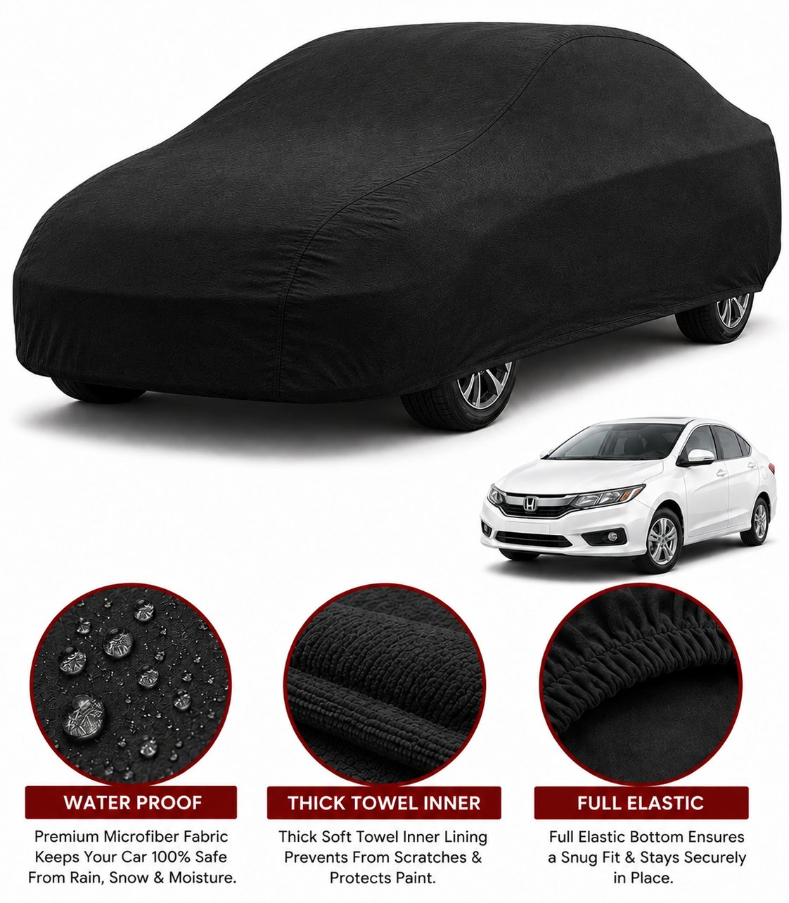 Honda City car cover in Black — Veloura waterproof microfiber