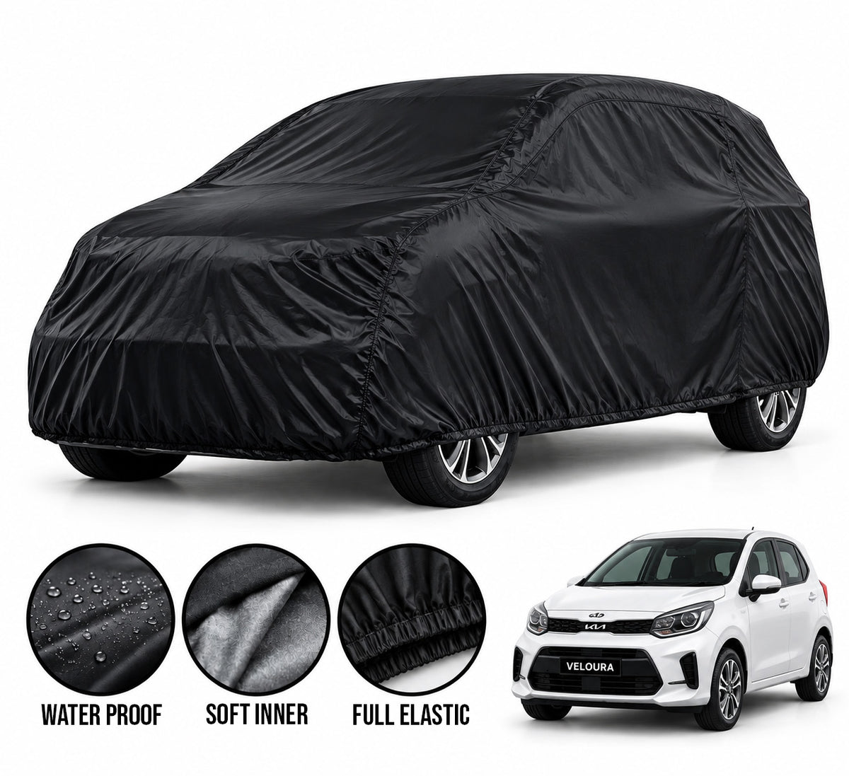 KIA Picanto car cover in Black — Veloura waterproof parachute