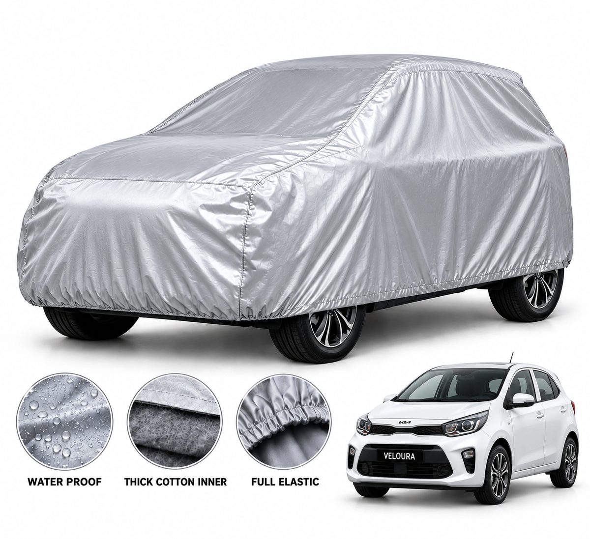KIA Picanto car cover in Silver — Veloura waterproof PVC cotton