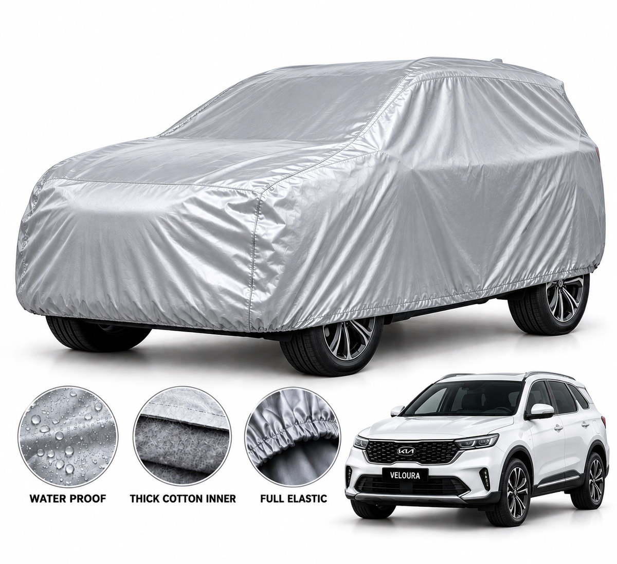 KIA Sorento car cover in Silver — Veloura waterproof PVC cotton