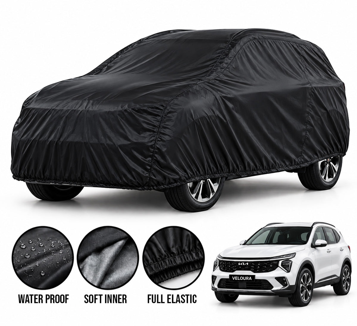 KIA Sportage car cover in Black — Veloura waterproof parachute