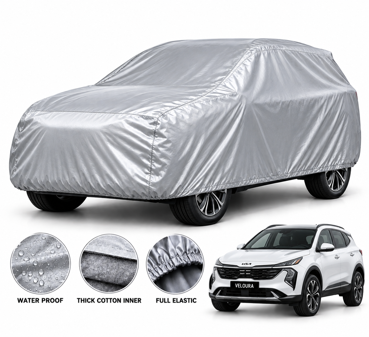 KIA Sportage car cover in Silver — Veloura waterproof PVC cotton