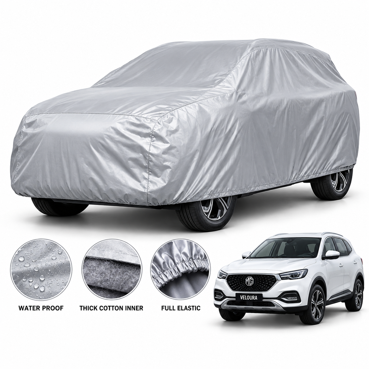 MG HS car cover in Silver — Veloura waterproof PVC cotton