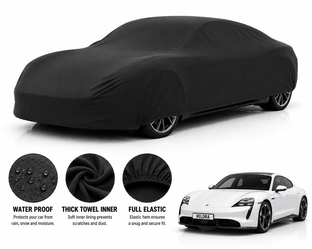 Porsche Taycan car cover in Black — Veloura waterproof microfiber