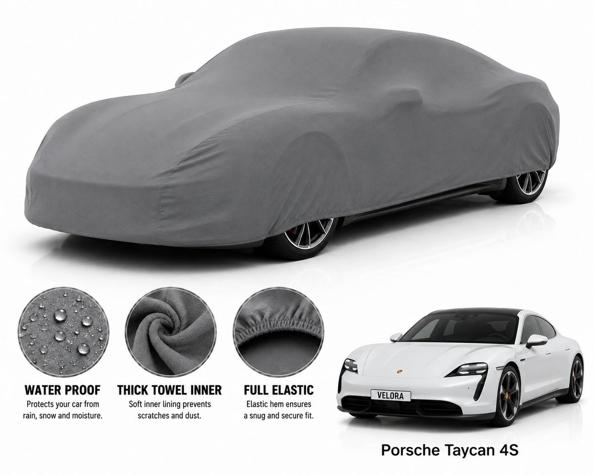 Porsche Taycan car cover in Grey — Veloura waterproof microfiber