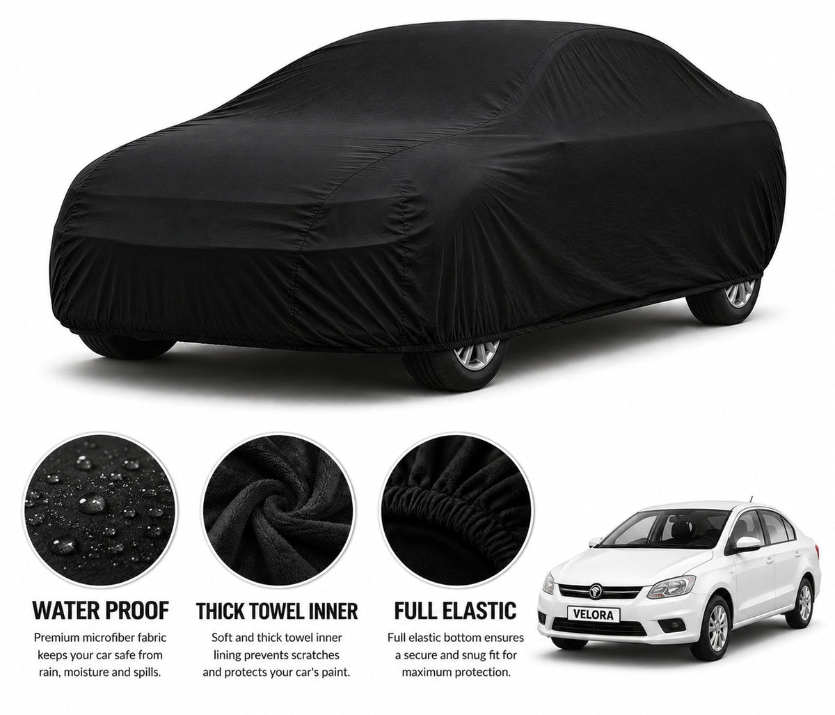 Proton Saga car cover in Black — Veloura waterproof microfiber