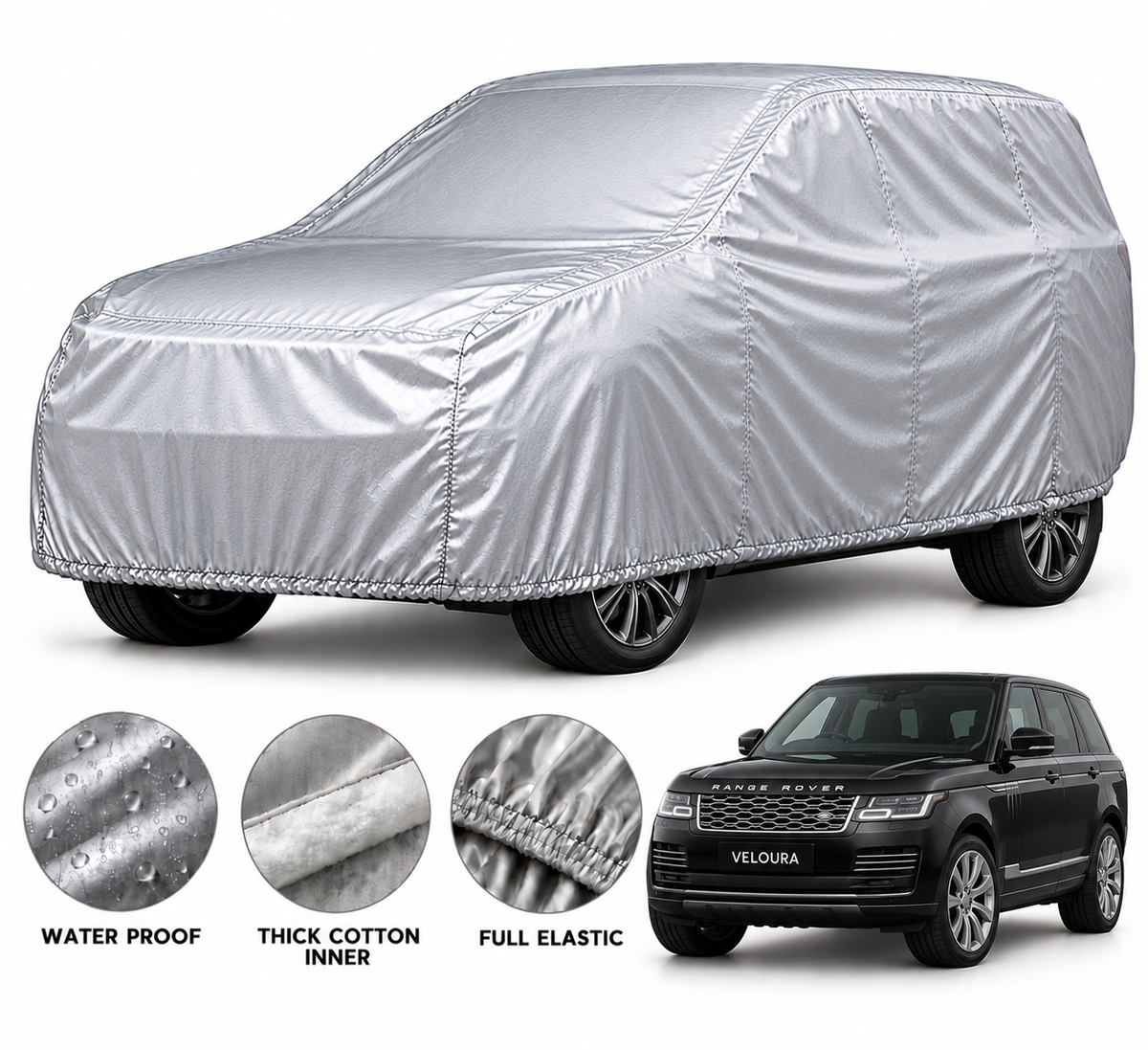 Range Rover car cover in Silver — Veloura waterproof PVC cotton