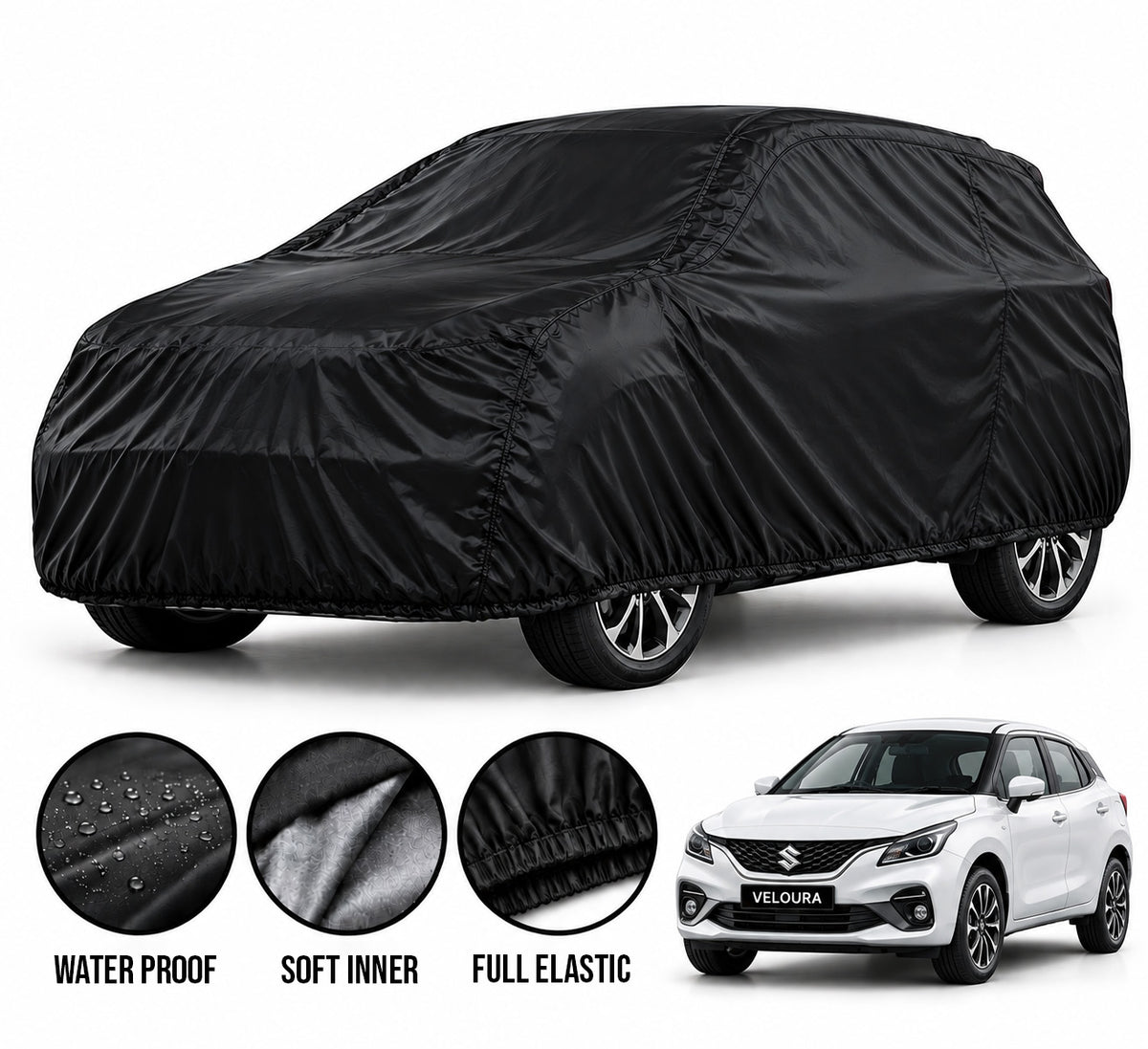 Suzuki Baleno car cover in Black — Veloura waterproof parachute