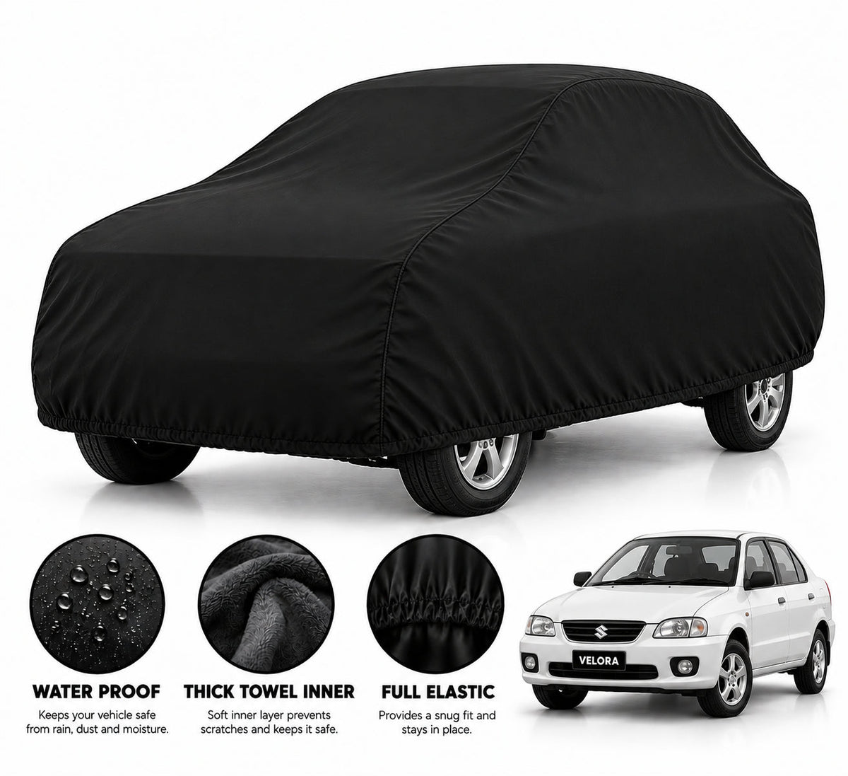 Suzuki Baleno car cover in Black — Veloura waterproof microfiber