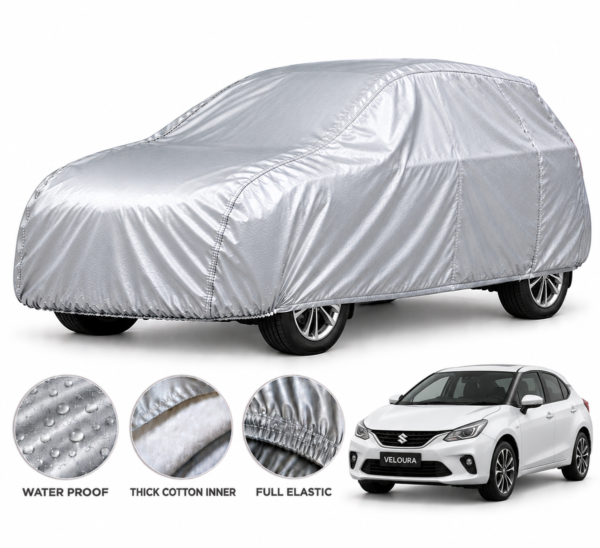 Suzuki Baleno car cover in Silver — Veloura waterproof PVC cotton