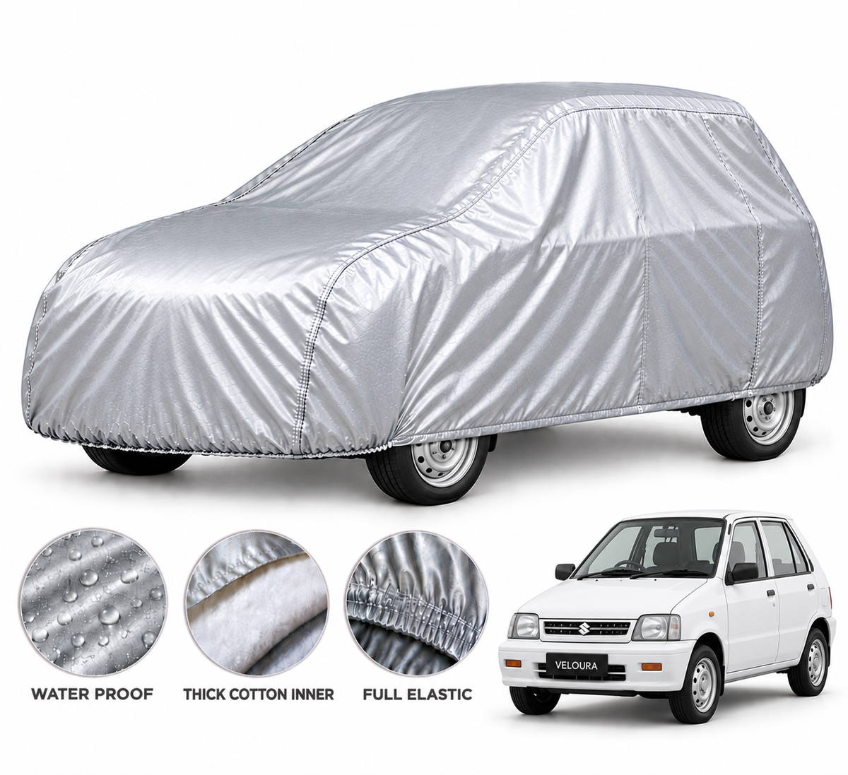 Suzuki Mehran car cover in Silver — Veloura waterproof PVC cotton