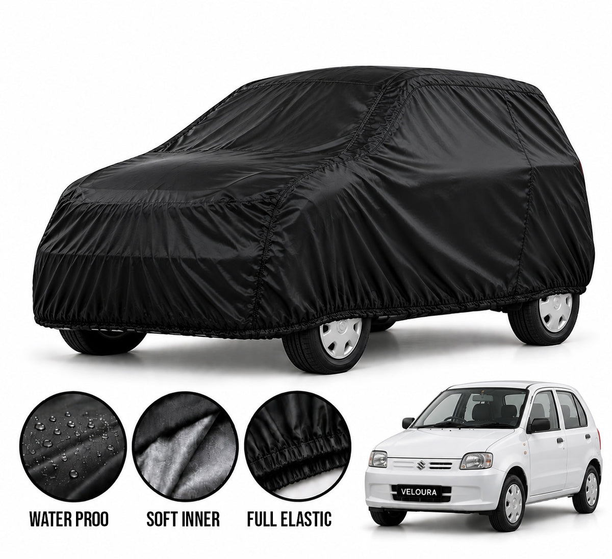 Suzuki New Alto car cover in Black — Veloura waterproof parachute