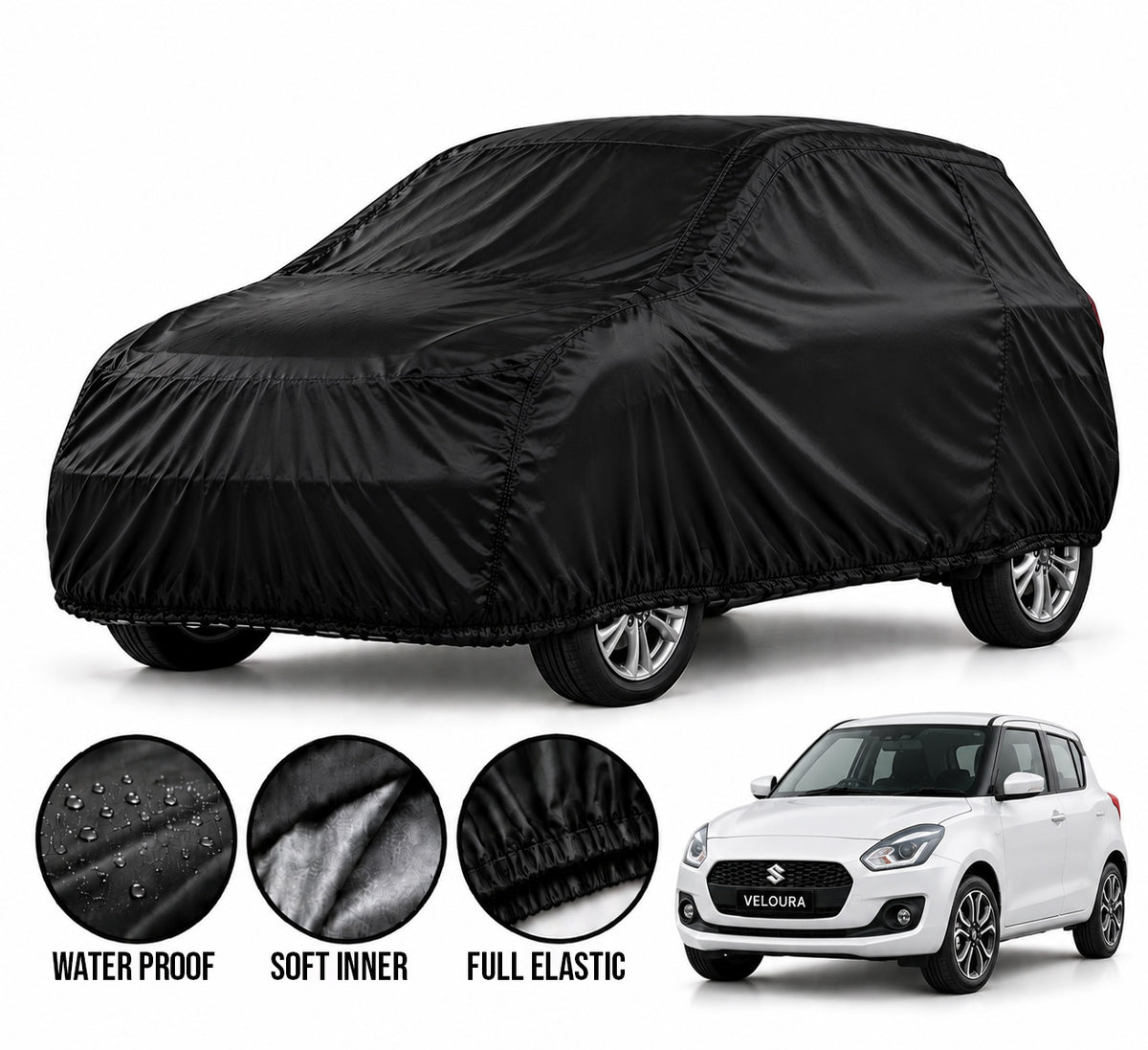 Suzuki New Swift car cover in Black — Veloura waterproof parachute
