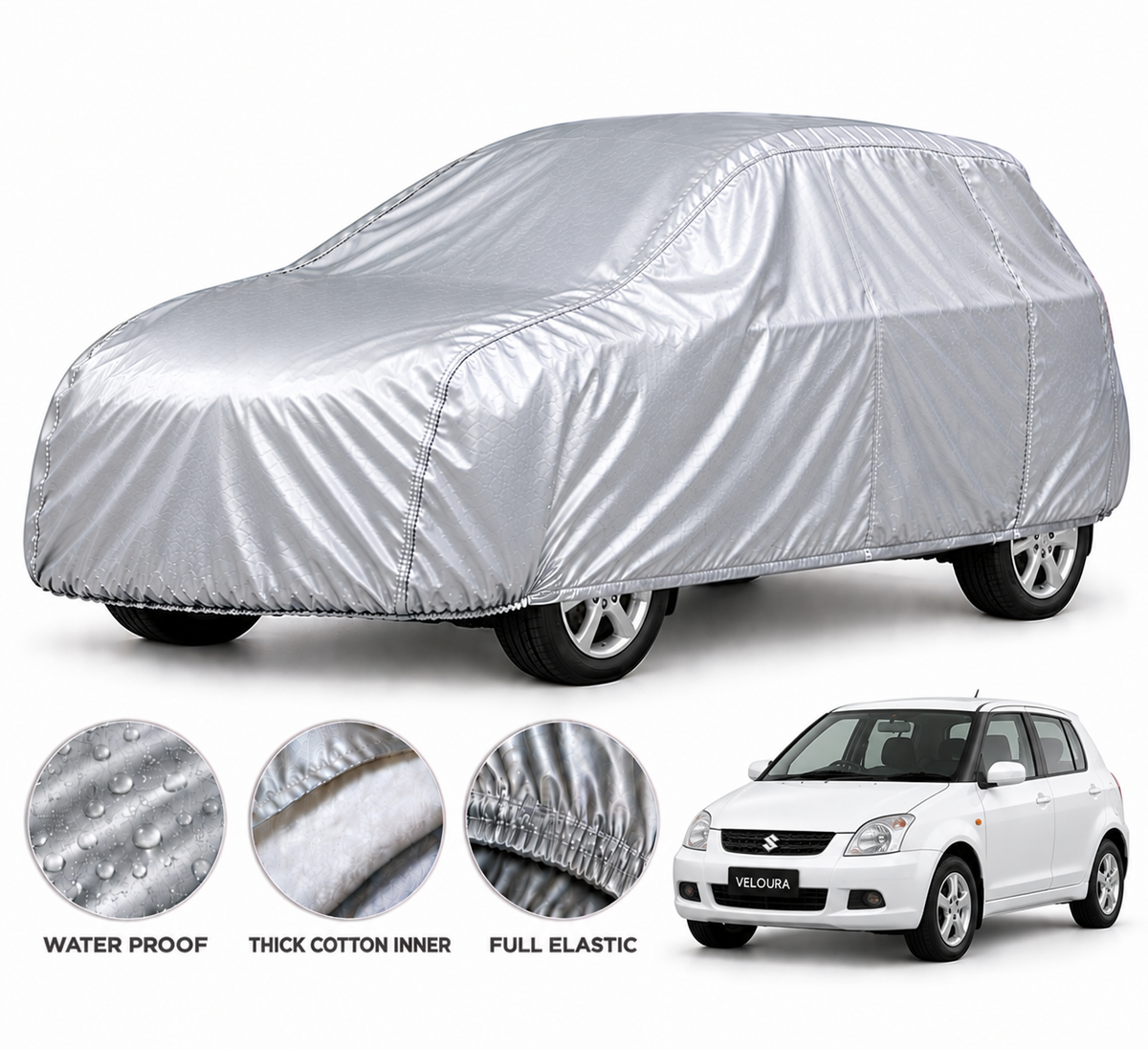 Suzuki Old Swift car cover in Silver — Veloura waterproof PVC cotton