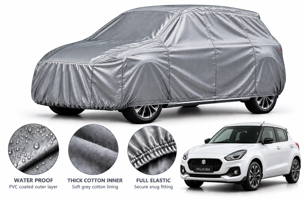 Suzuki New Swift car cover in Silver — Veloura waterproof PVC cotton, alternate view