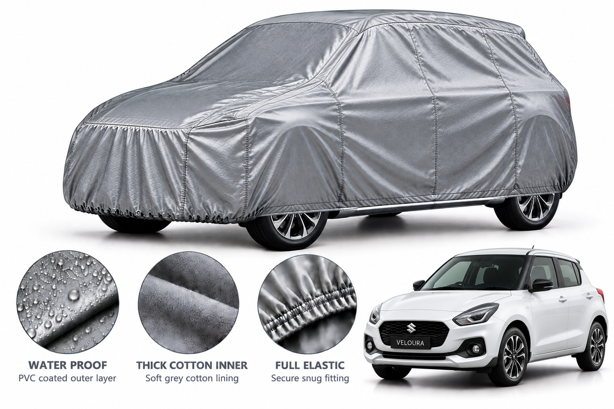 Suzuki New Swift car cover in Silver — Veloura waterproof PVC cotton, alternate view