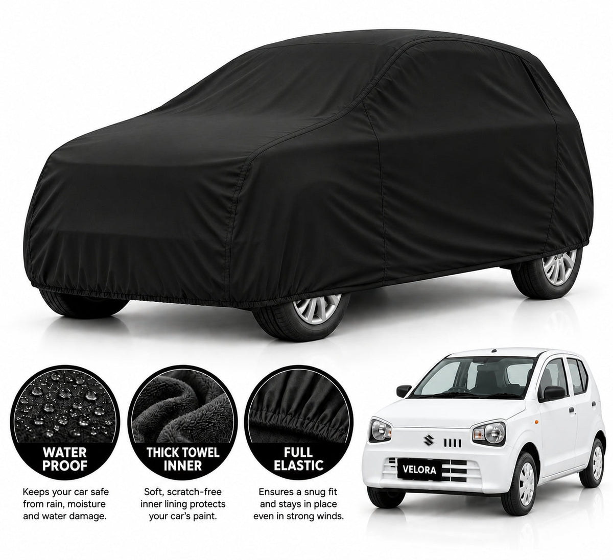 Suzuki New Alto car cover in Black — Veloura waterproof microfiber