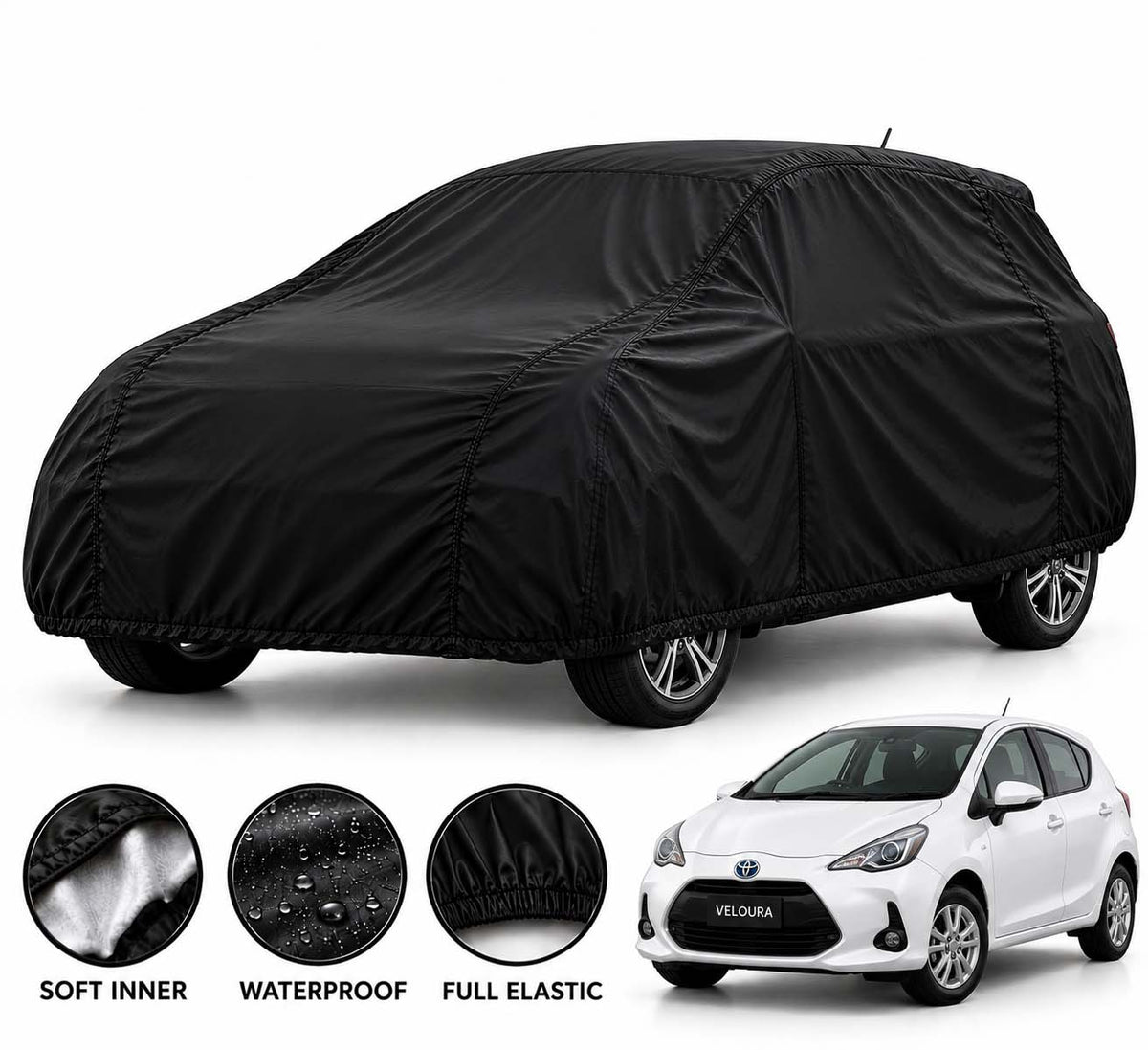 Toyota Aqua car cover in Black — Veloura waterproof parachute