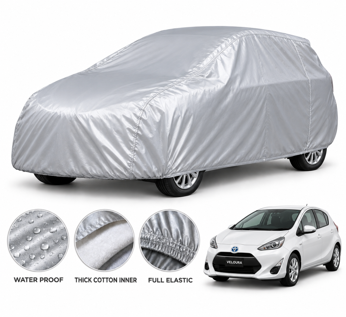 Toyota Aqua car cover in Silver — Veloura waterproof PVC cotton