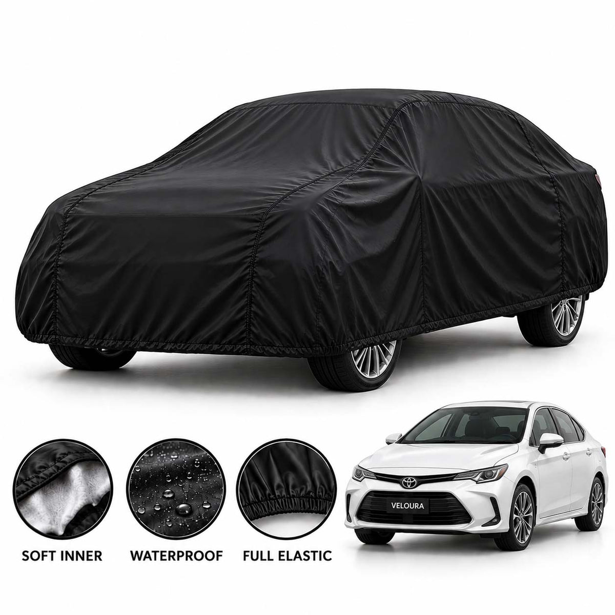 Toyota Corolla car cover in Black — Veloura waterproof parachute