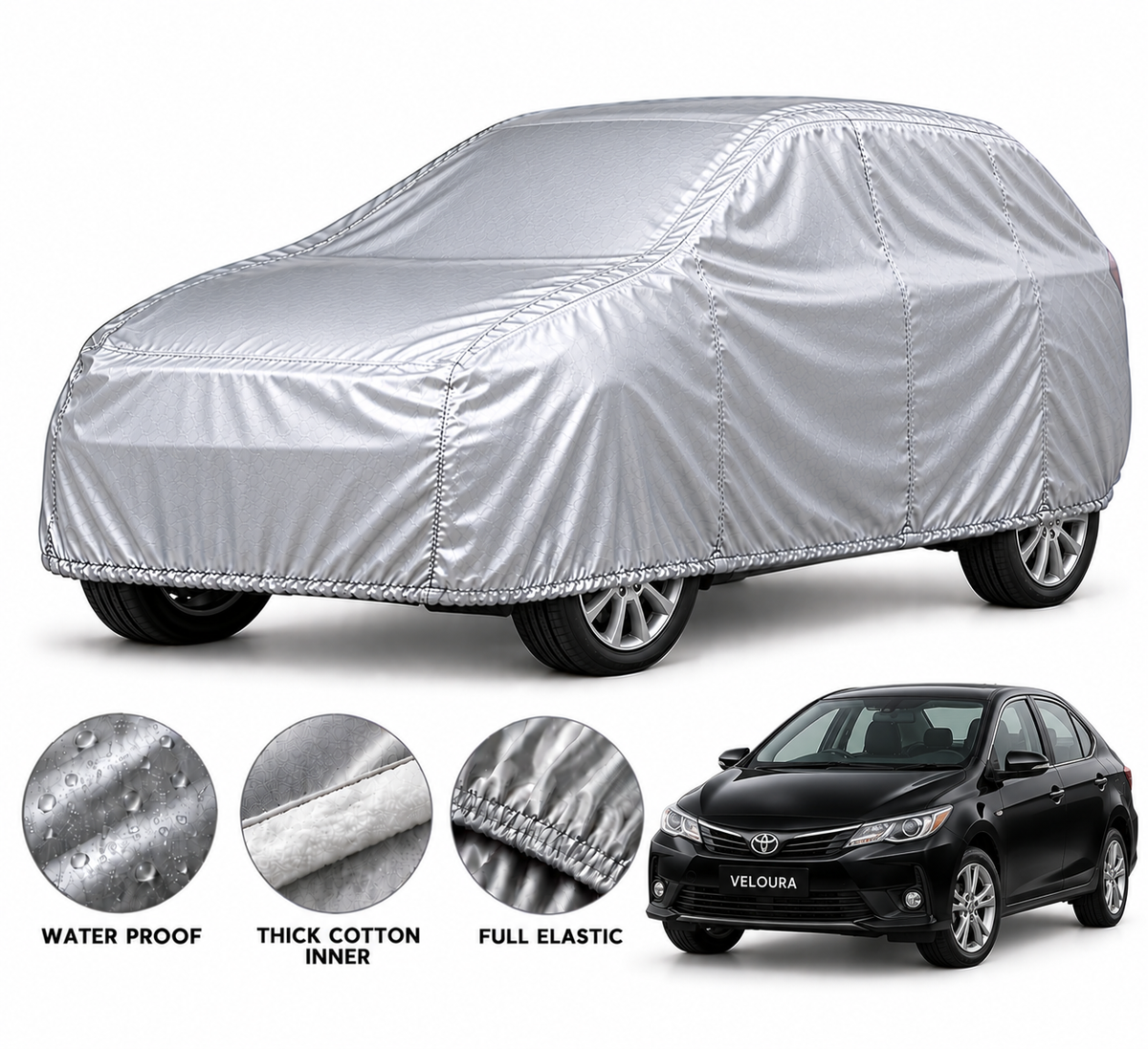 Toyota Corolla car cover in Silver — Veloura waterproof PVC cotton