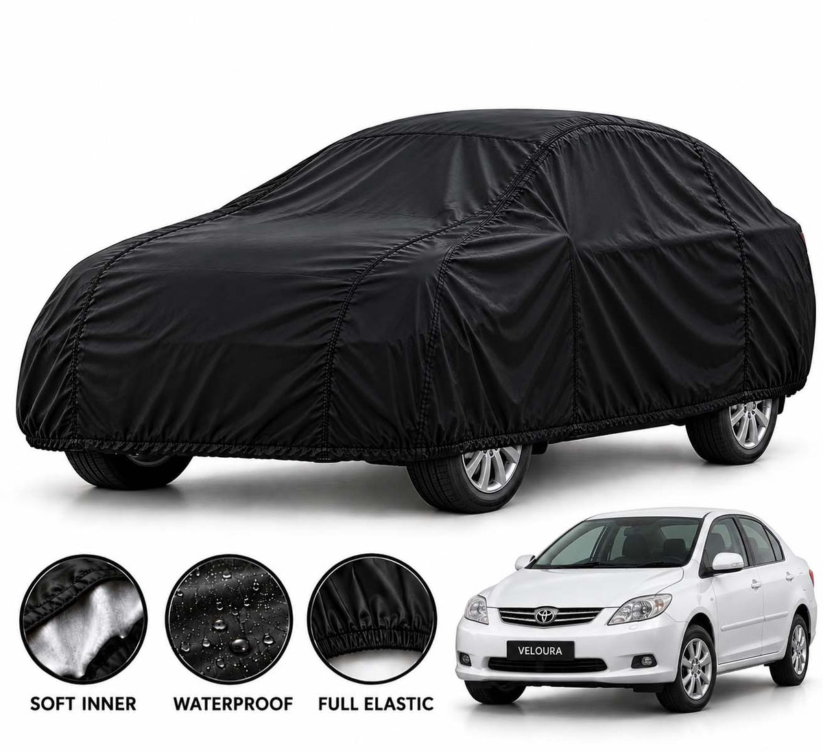Toyota Corolla car cover in Black — Veloura waterproof parachute