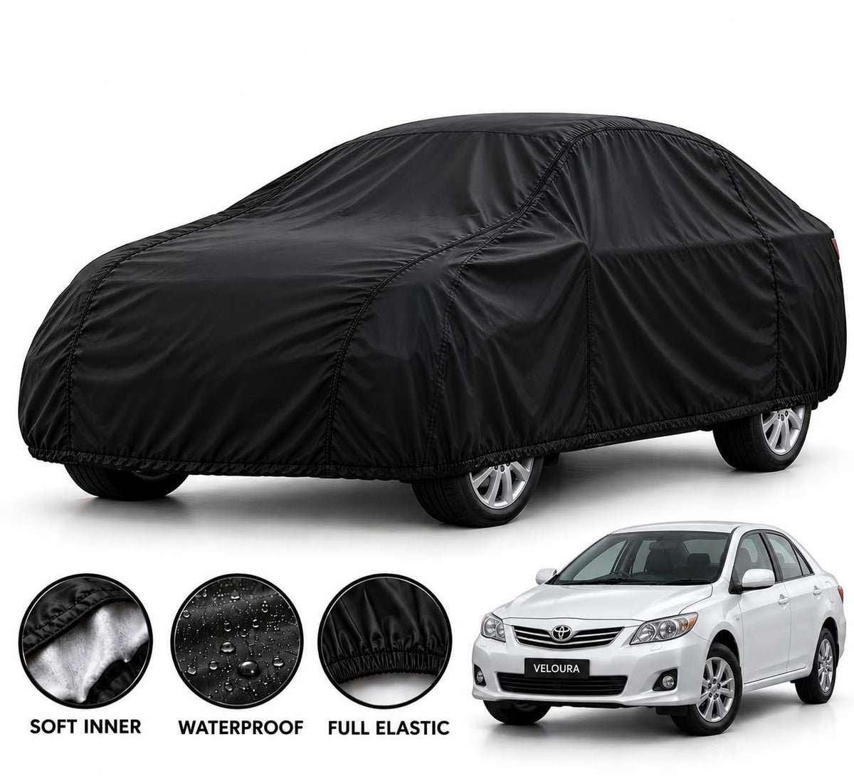 Toyota Corolla car cover in Black — Veloura waterproof parachute
