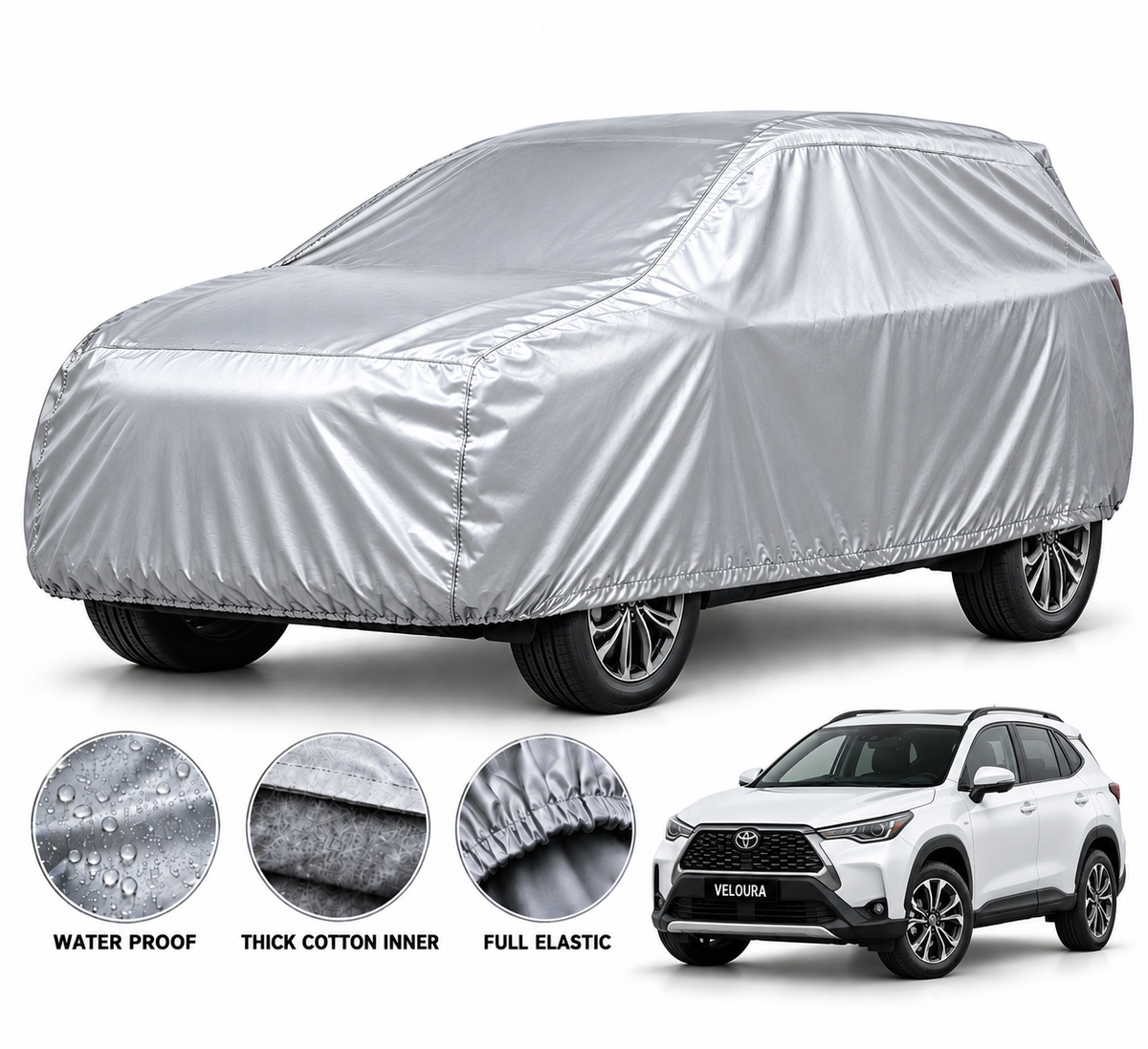 Toyota Corolla Cross car cover in Silver — Veloura waterproof PVC cotton