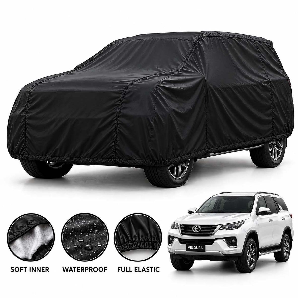 Toyota Fortuner car cover in Black — Veloura waterproof parachute