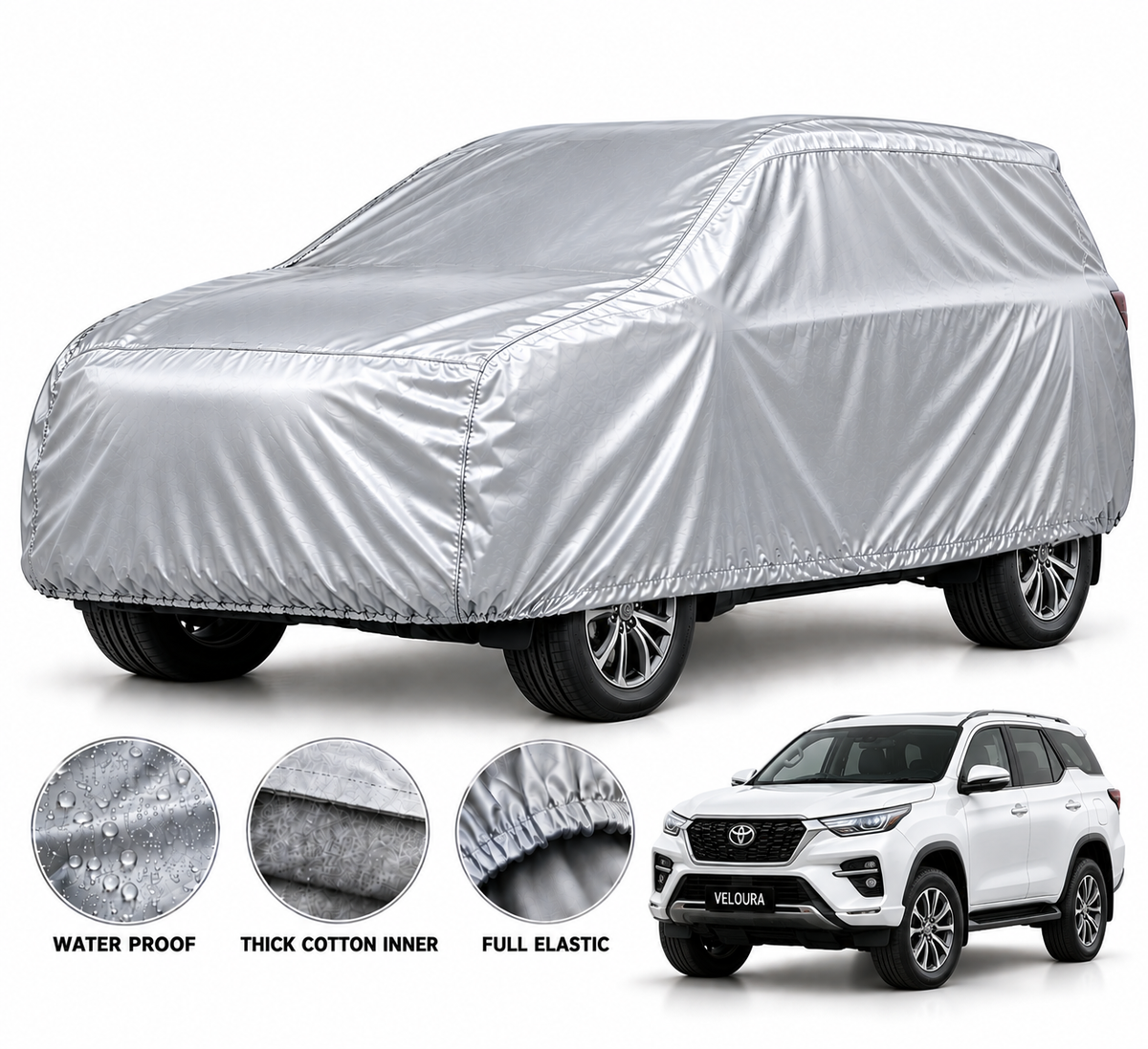 Toyota Fortuner car cover in Silver — Veloura waterproof PVC cotton