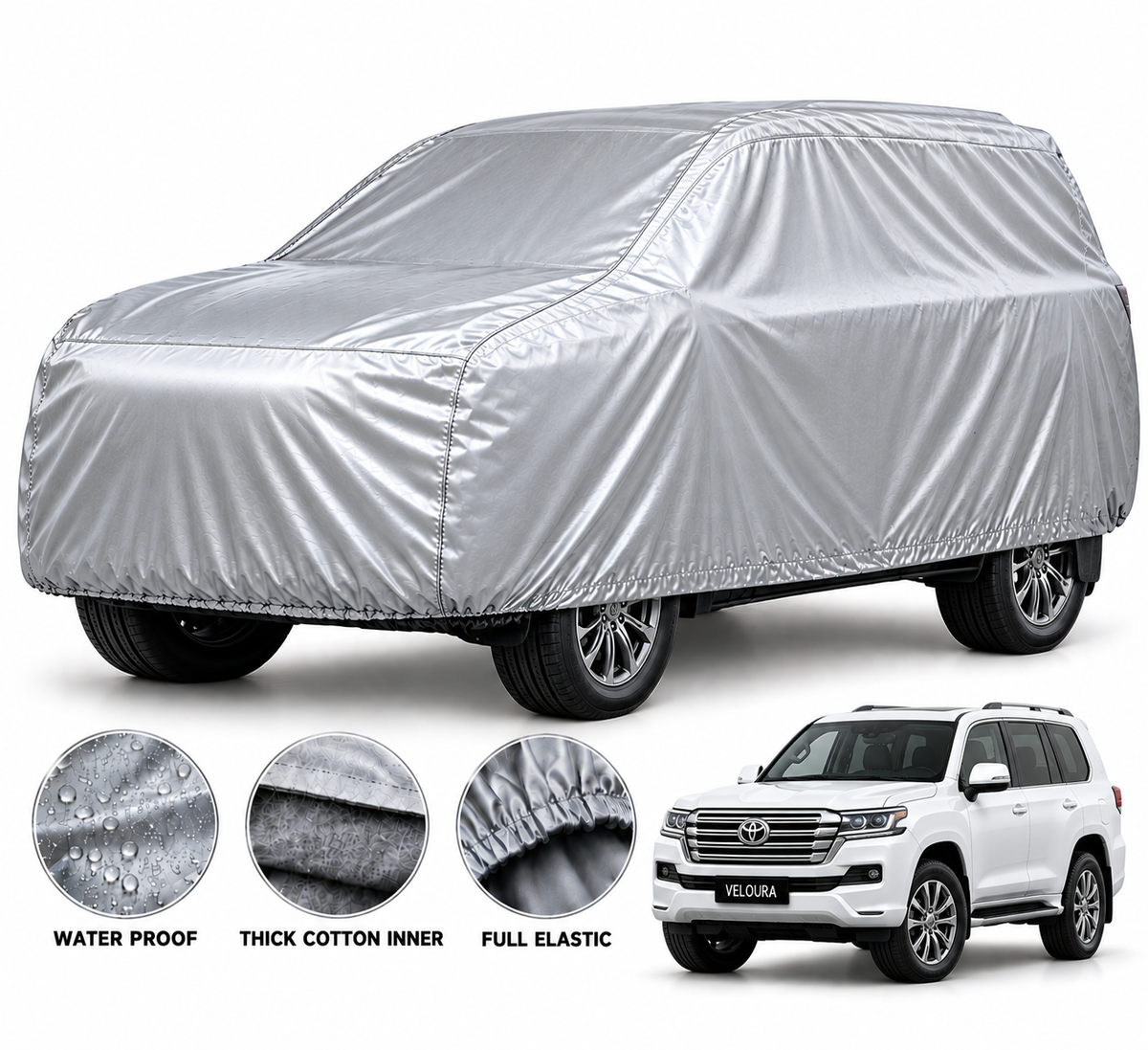 Toyota Land Cruiser car cover in Silver — Veloura waterproof PVC cotton