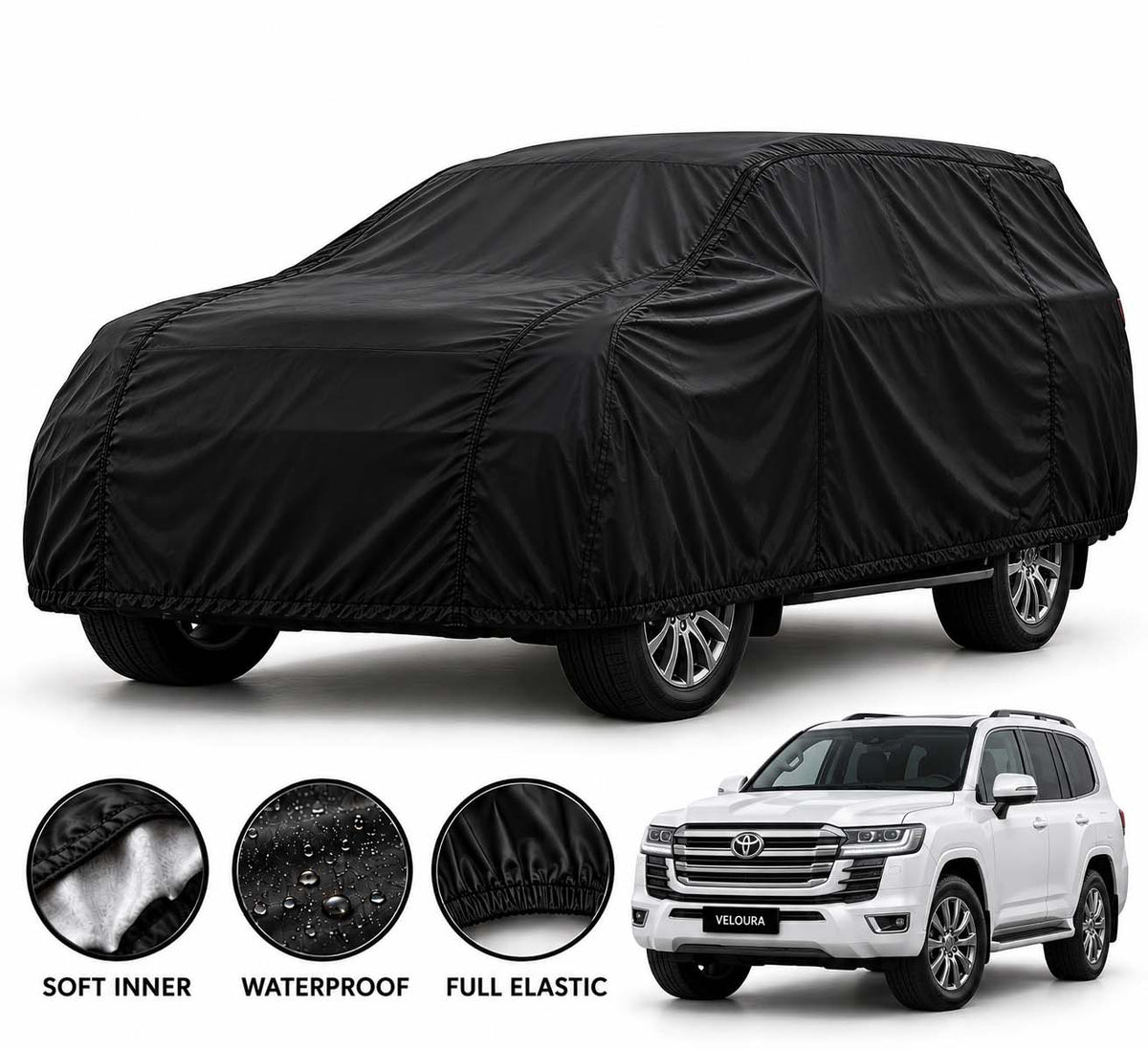 Toyota Land Cruiser car cover in Black — Veloura waterproof parachute