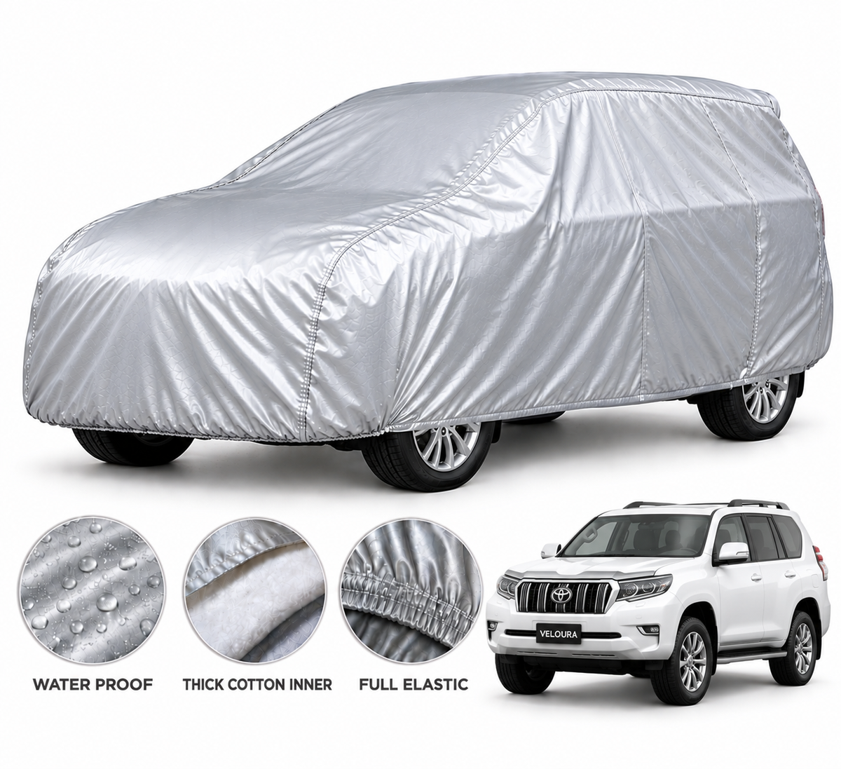 Toyota Prado car cover in Silver — Veloura waterproof PVC cotton