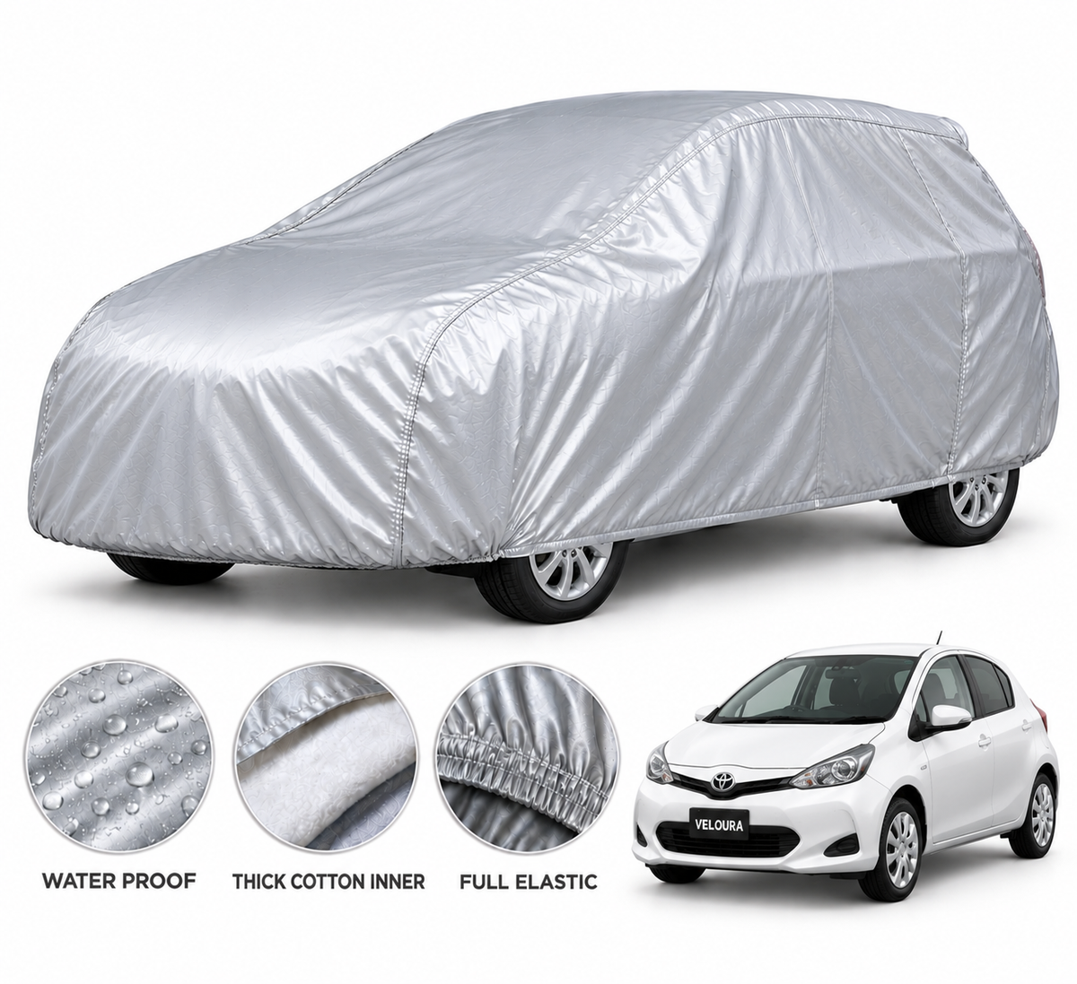 Toyota Vitz 2024 car cover in Silver — Veloura waterproof PVC cotton