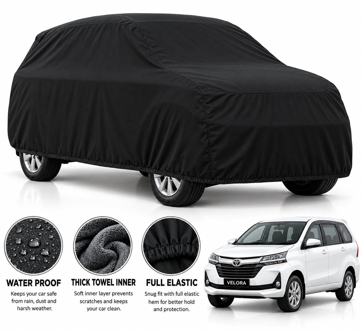 Toyota Avanza car cover in Black — Veloura waterproof microfiber