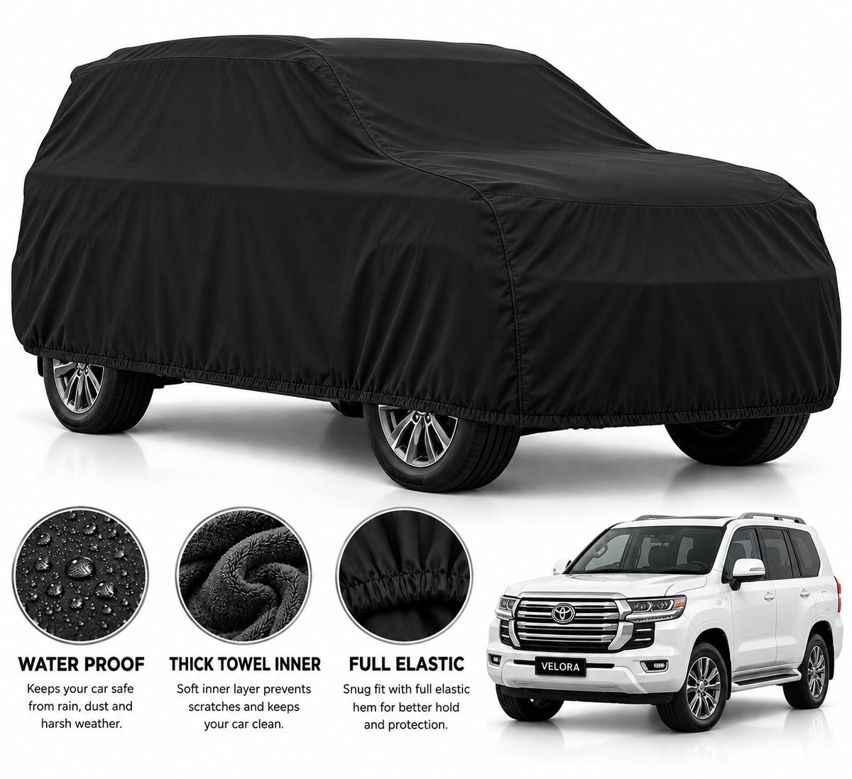 Toyota Land Cruiser car cover in Black — Veloura waterproof microfiber